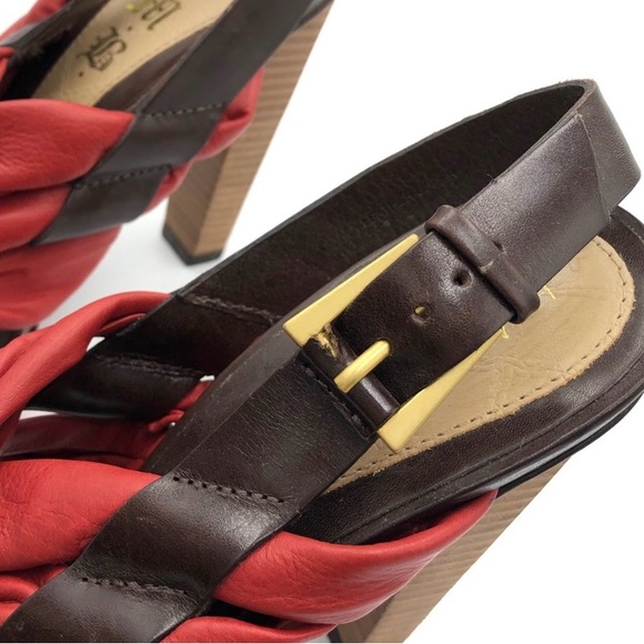 L.A.M.B Red Leather Twist Wood Stacked High Heels Women Size 7M red & brown - Picture 15 of 15